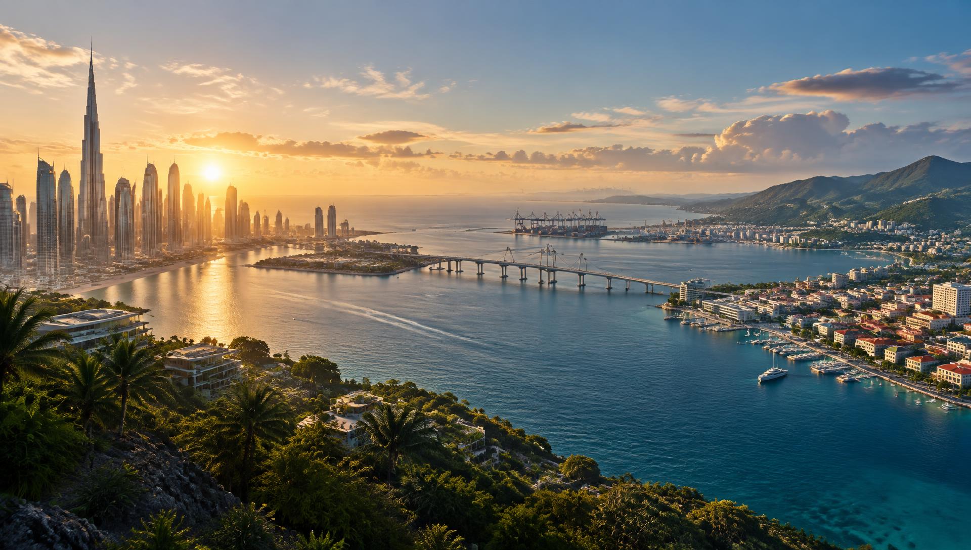 Dubai and Caribbean coast connected across a shared harbor